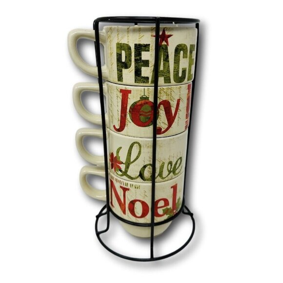 Pier 1 Imports Stacking Mugs Holiday Set of 4 Coffee Tea  w/Caddy Peace Joy Love - Picture 2 of 3